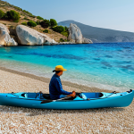 A serene individual, fully clothed in modest, light beachwear, stands on a pristine, secluded Greek beach. The coastline features smooth white pebbles and soft golden sand, bordered by impressive natural rock formations. Crystal-clear turquoise waters gently lap the shore, reflecting the warm Mediterranean light. A single, small sea kayak is resting nearby. The scene conveys peaceful discovery and untouched natural beauty, captured with professional photography, high-resolution detail, and natural lighting, perfect anatomy, correct proportions, natural pose, well-formed hands, proper finger count, natural body proportions, safe for work, appropriate content, fully clothed, family-friendly.