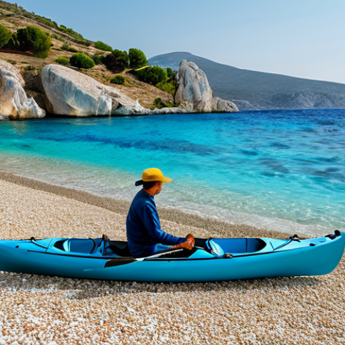 Home 4 A serene individual, fully clothed in modest, light beachwear, stands on a pristine, secluded Greek beach. The coastline features smooth white pebbles and soft golden sand, bordered by impressive natural rock formations. Crystal-clear turquoise waters gently lap the shore, reflecting the warm Mediterranean light. A single, small sea kayak is resting nearby. The scene conveys peaceful discovery and untouched natural beauty, captured with professional photography, high-resolution detail, and natural lighting, perfect anatomy, correct proportions, natural pose, well-formed hands, proper finger count, natural body proportions, safe for work, appropriate content, fully clothed, family-friendly.
