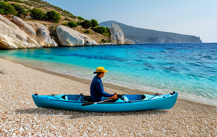 A serene individual, fully clothed in modest, light beachwear, stands on a pristine, secluded Greek beach. The coastline features smooth white pebbles and soft golden sand, bordered by impressive natural rock formations. Crystal-clear turquoise waters gently lap the shore, reflecting the warm Mediterranean light. A single, small sea kayak is resting nearby. The scene conveys peaceful discovery and untouched natural beauty, captured with professional photography, high-resolution detail, and natural lighting, perfect anatomy, correct proportions, natural pose, well-formed hands, proper finger count, natural body proportions, safe for work, appropriate content, fully clothed, family-friendly.