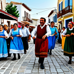 **

"A vibrant street scene in a Greek village, depicting a *panigiri* (festival) in full swing. Villagers in traditional clothing are dancing to folk music. Food stalls offer local specialties. The atmosphere is festive and joyful. Fully clothed, appropriate content, safe for work, professional photography, perfect anatomy, natural proportions, family-friendly."

**