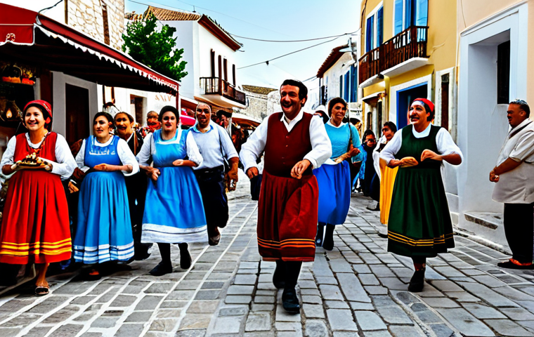 **
"A vibrant street scene in a Greek village, depicting a *panigiri* (festival) in full swing. Villagers in traditional clothing are dancing to folk music. Food stalls offer local specialties. The atmosphere is festive and joyful. Fully clothed, appropriate content, safe for work, professional photography, perfect anatomy, natural proportions, family-friendly."
**